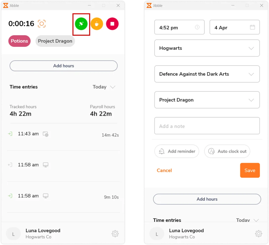 Switching activity on Jibble's desktop time tracker