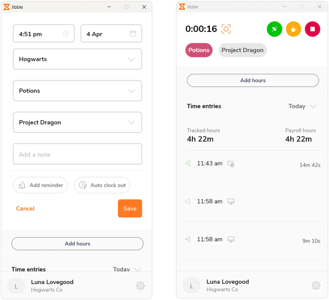 Clocking in via Jibble's desktop time tracker