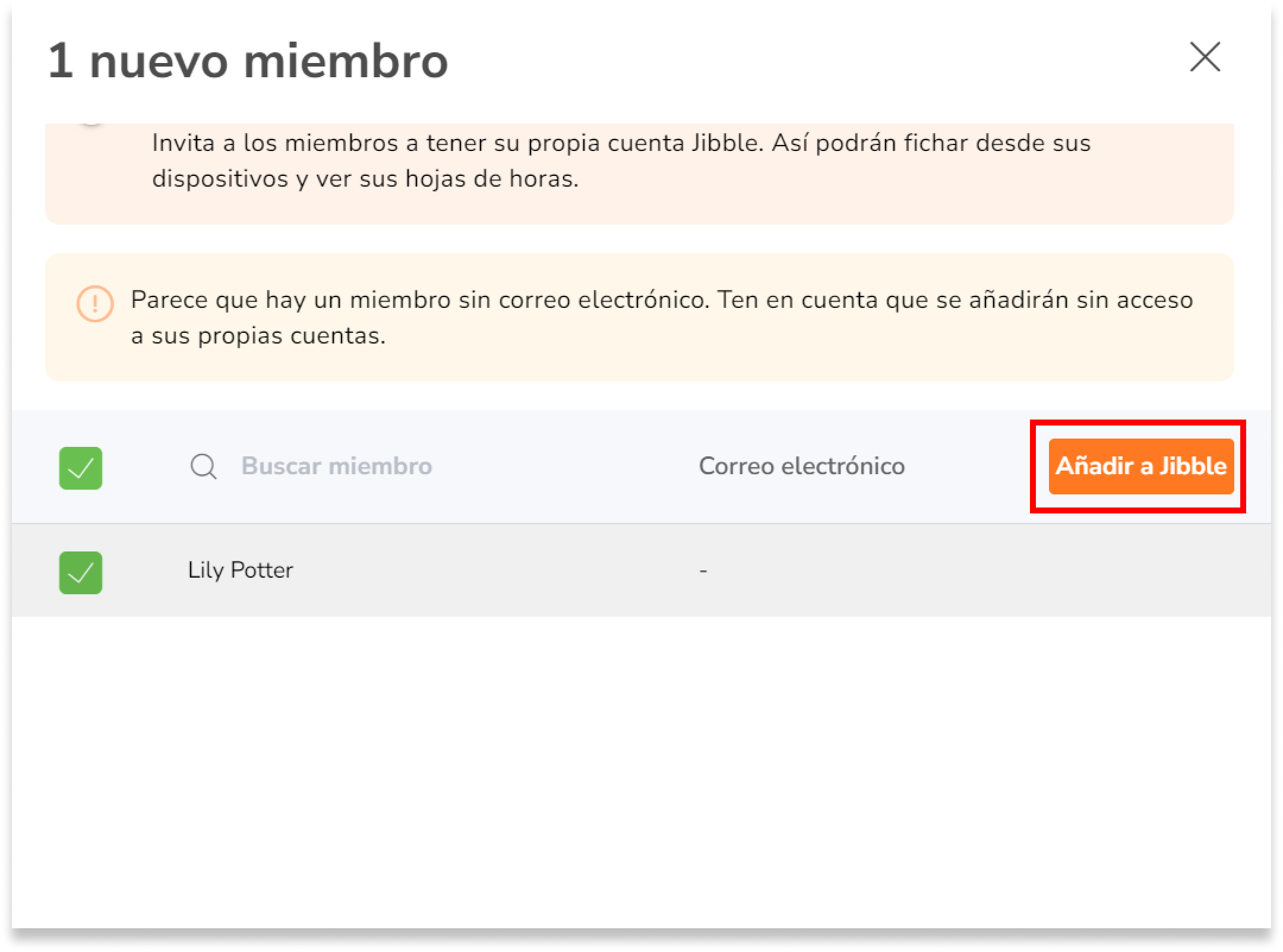 Una vez seleccionados, haz clic en Añadir a Jibble.