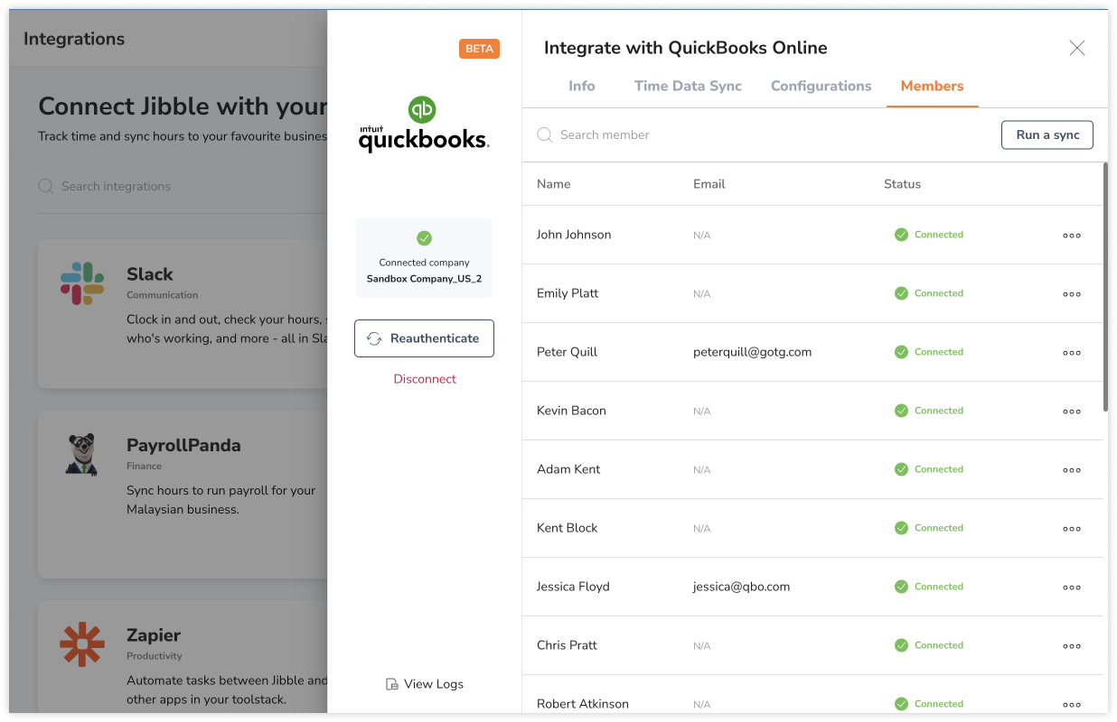 List of members synced between QuickBooks and Jibble