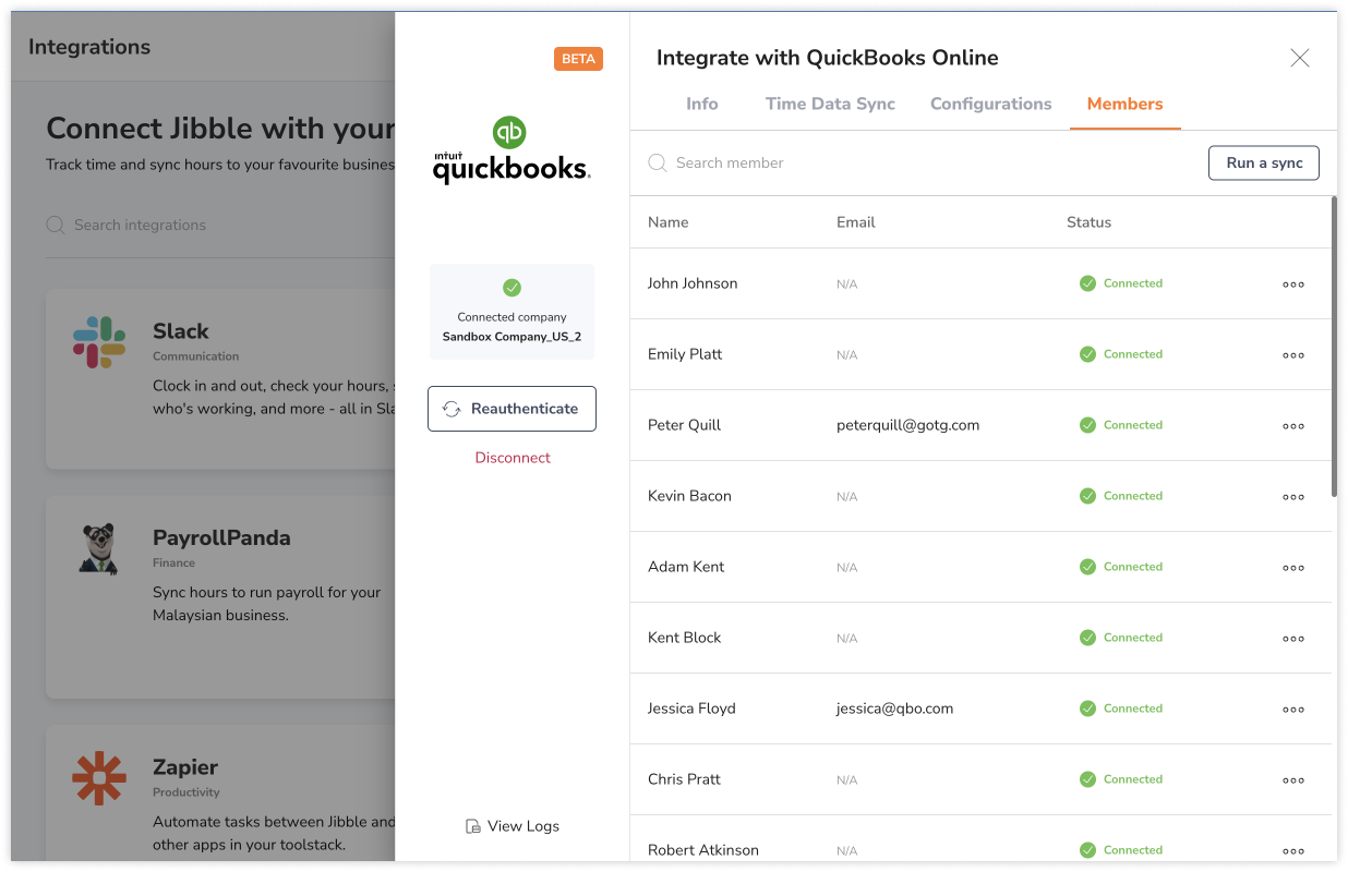 Lista członków zsynchronizowanych między QuickBooks i Jibble.