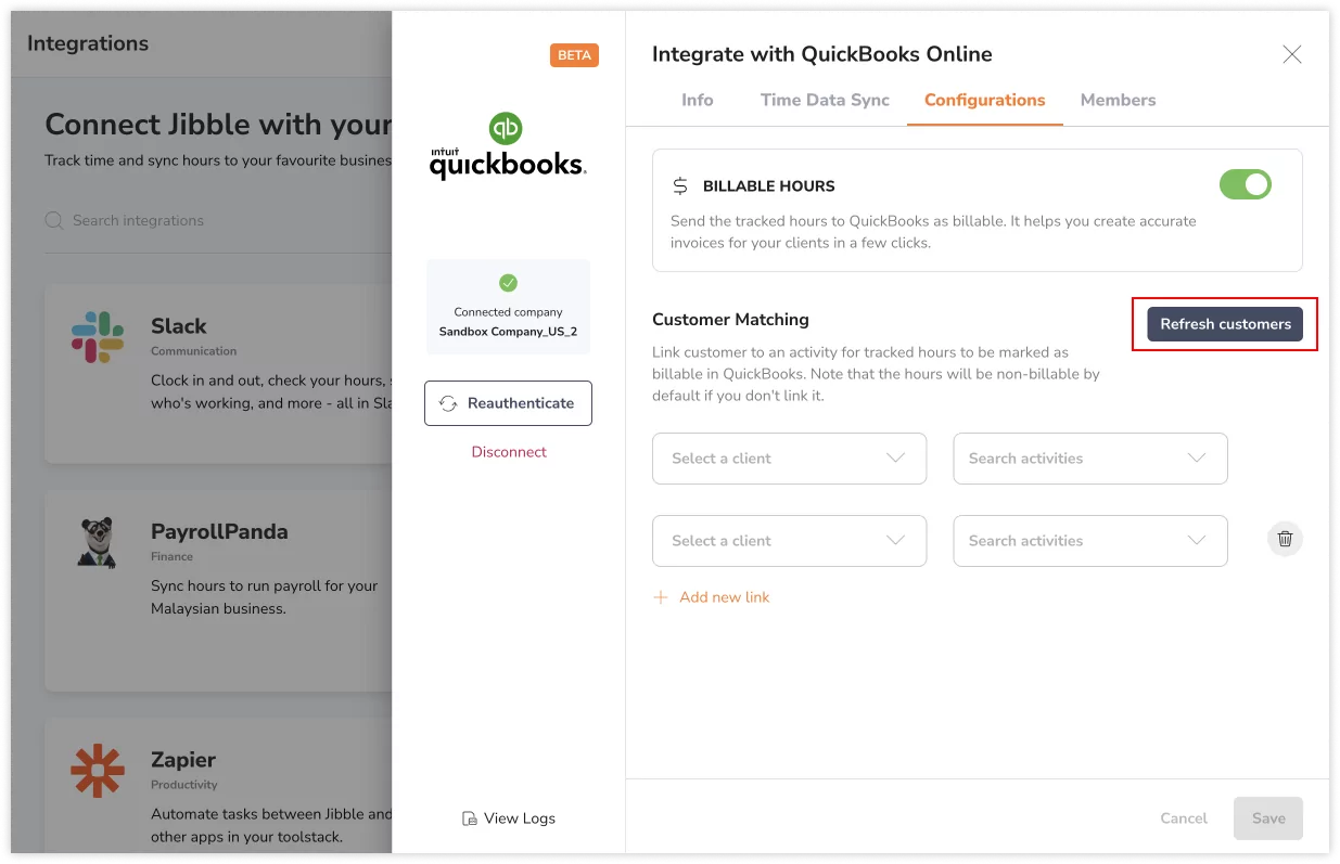 Refreshing QuickBooks customer list in Jibble