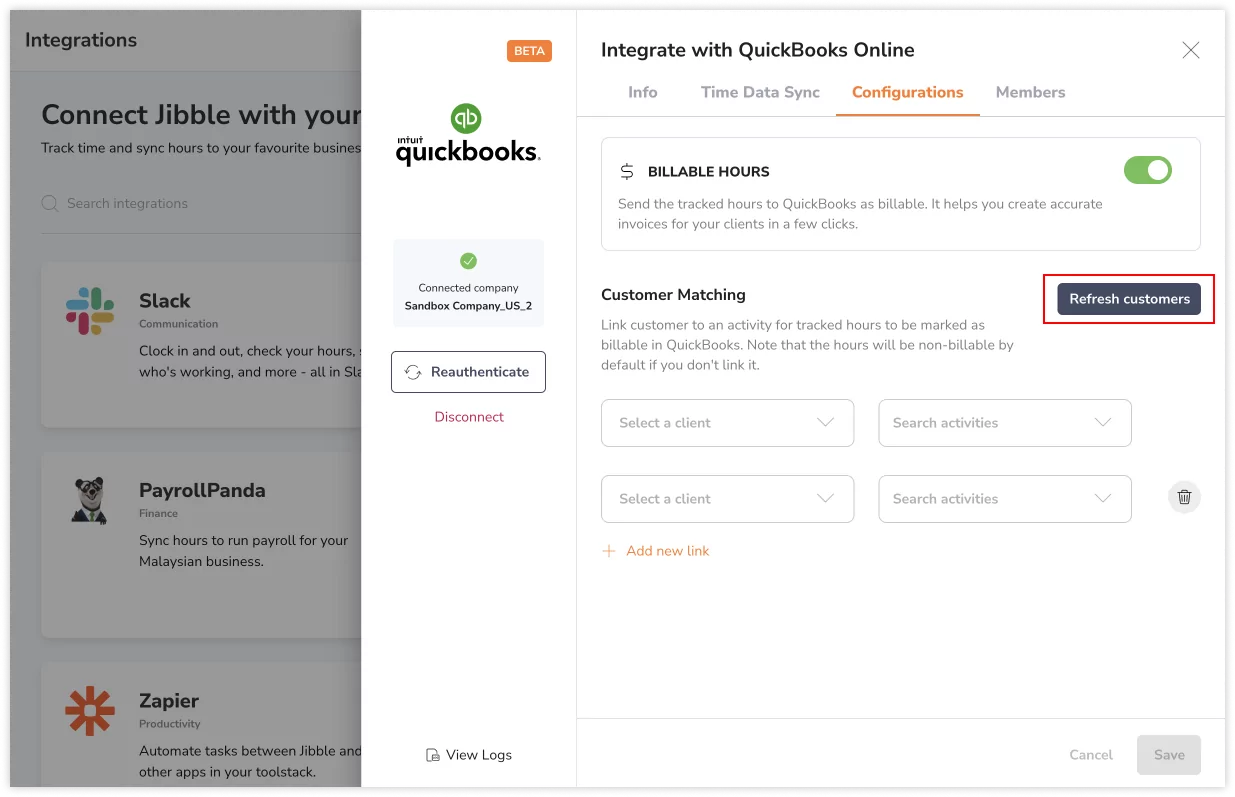 Odświeżanie listy klientów QuickBooks w Jibble.