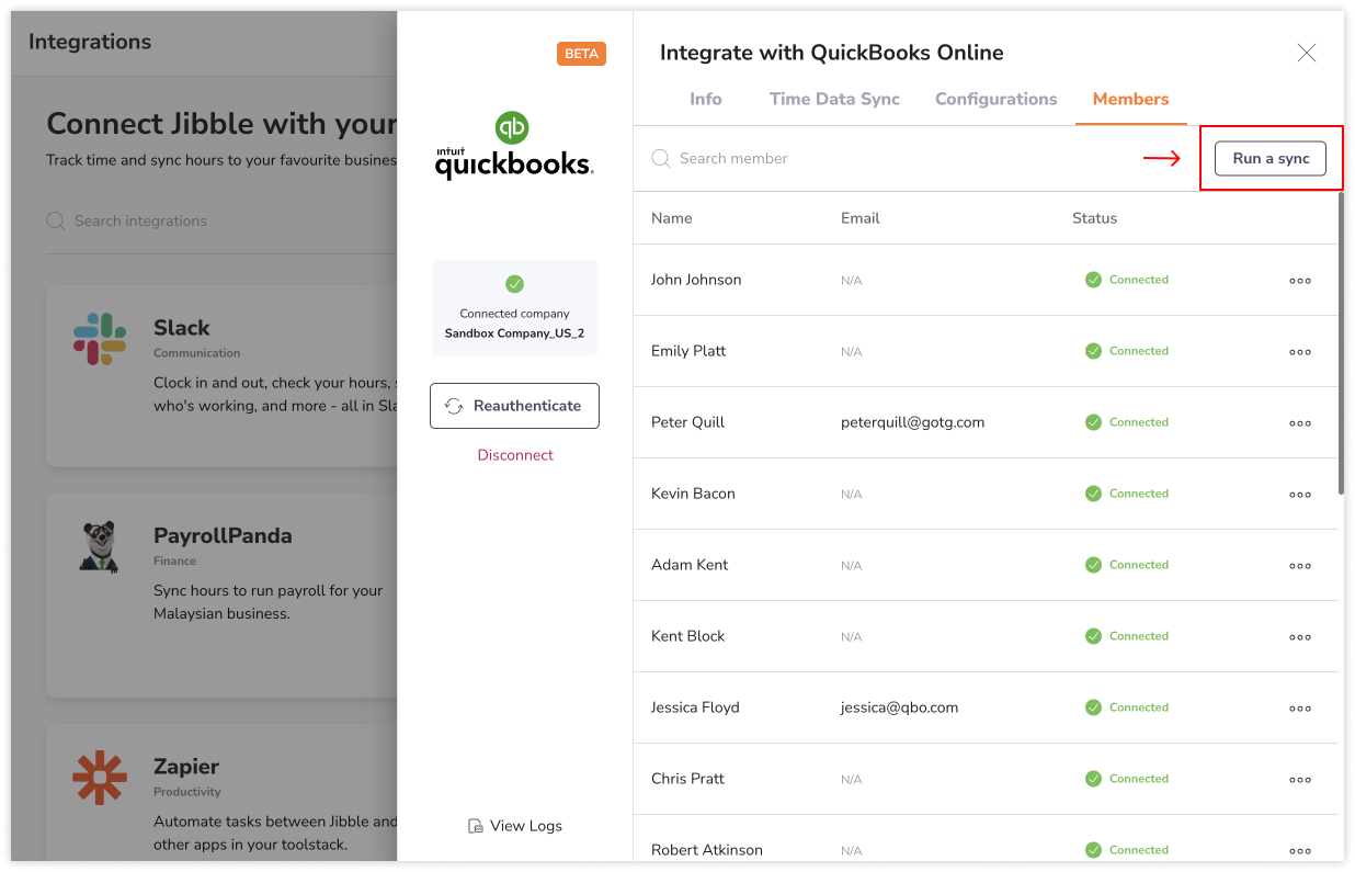 Run a sync button to sync members between QuickBooks and Jibble