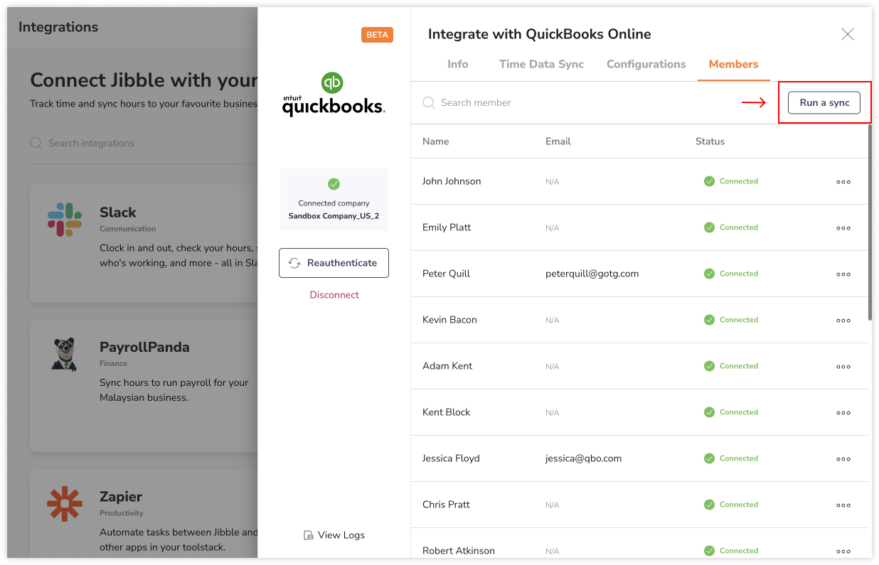 Run a sync button to sync members between QuickBooks and Jibble