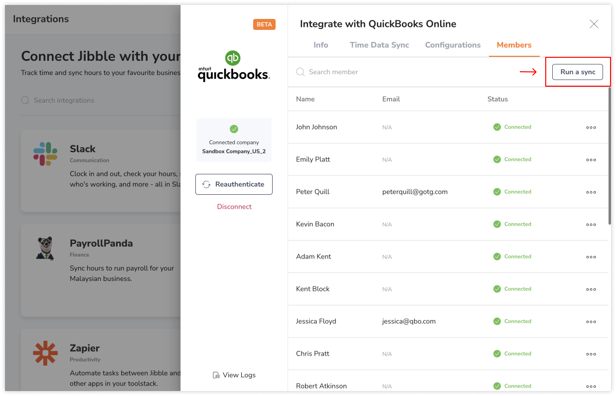 Przycisk synchronizacji, który pozwala zsynchronizować członków między QuickBooks i Jibble.