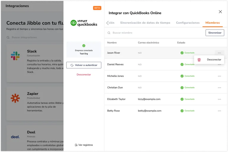 Sincronizar miembros entre QuickBooks Online y Jibble