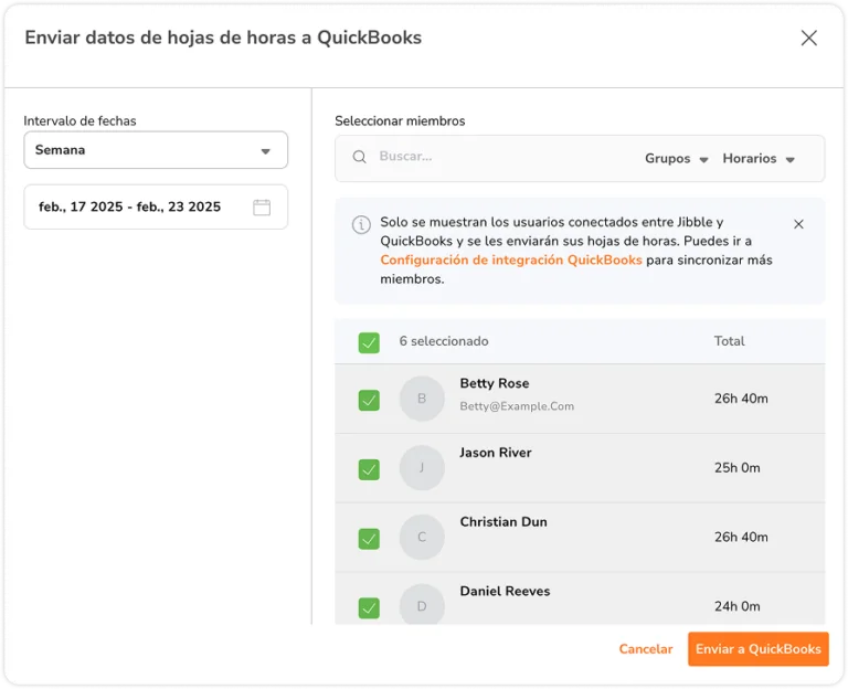 Enviar hojas de horas a QuickBooks Online