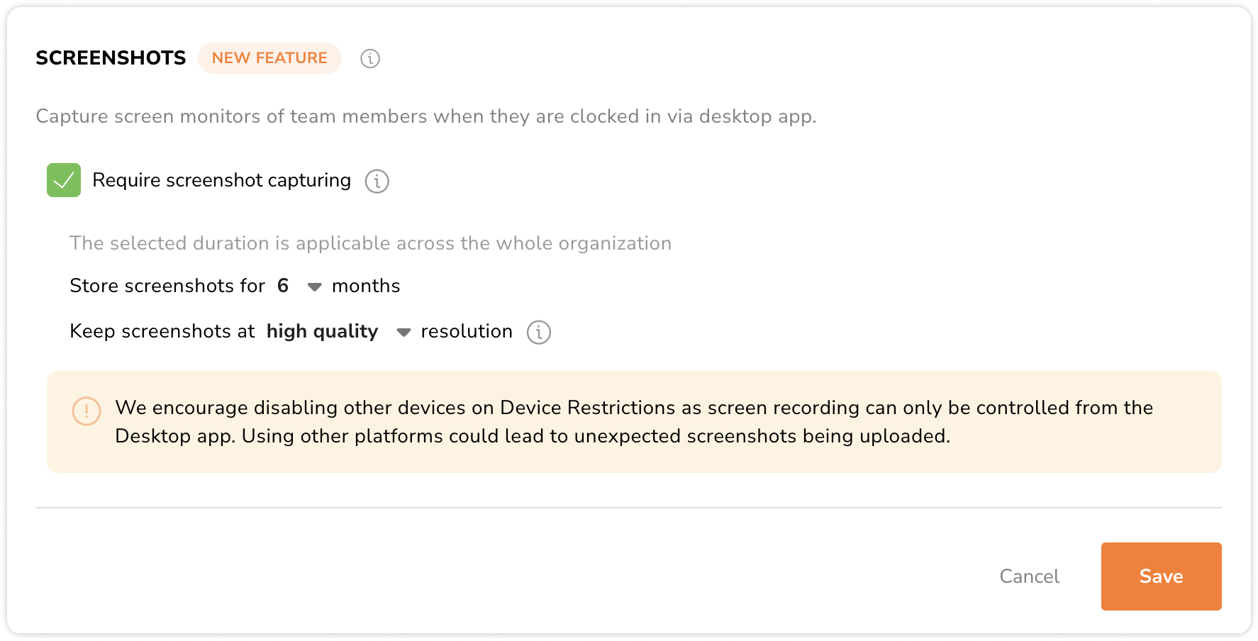Screenshot storage and resolution settings for time tracking