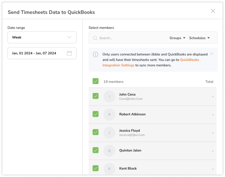 Selecting a date range and members to send timesheets for