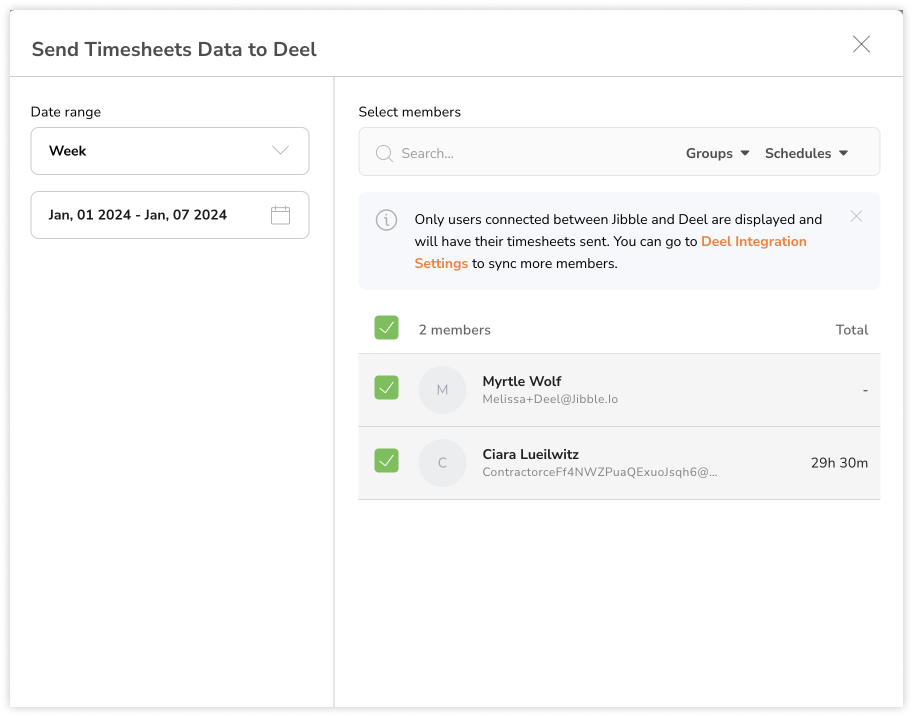 Selecting a date range and members to send timesheets to Deel