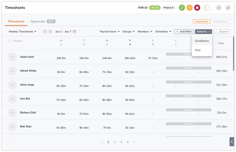 Send to QuickBooks button on timesheets