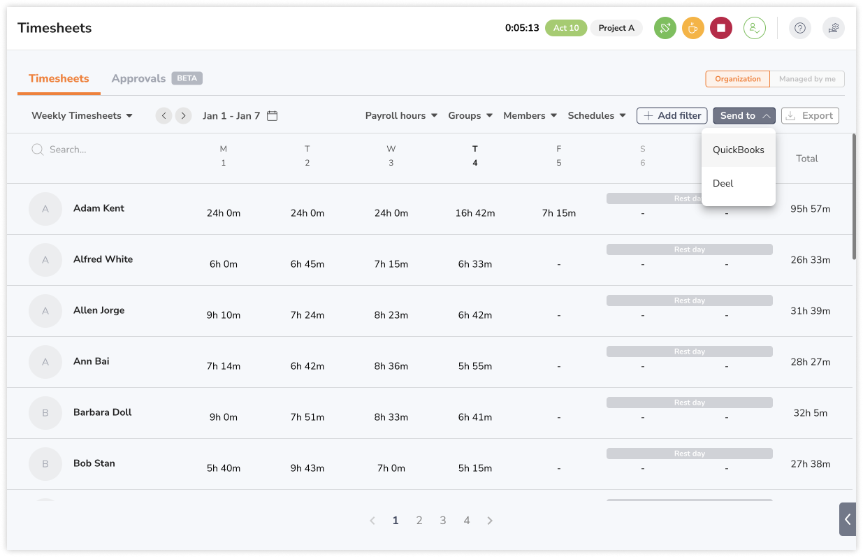 Send to QuickBooks button on timesheets