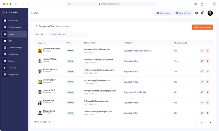 Timeero dashboard showing a user list