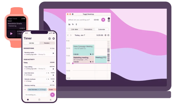 Toggl Track on various devices, phone, watch, and laptop