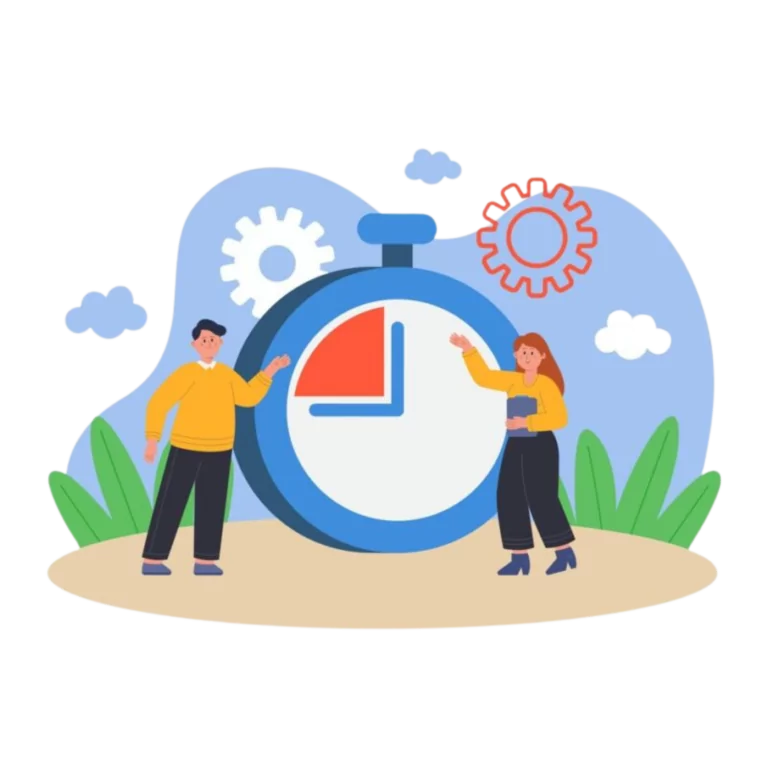 A graphic showing two people standing next to a time clock.