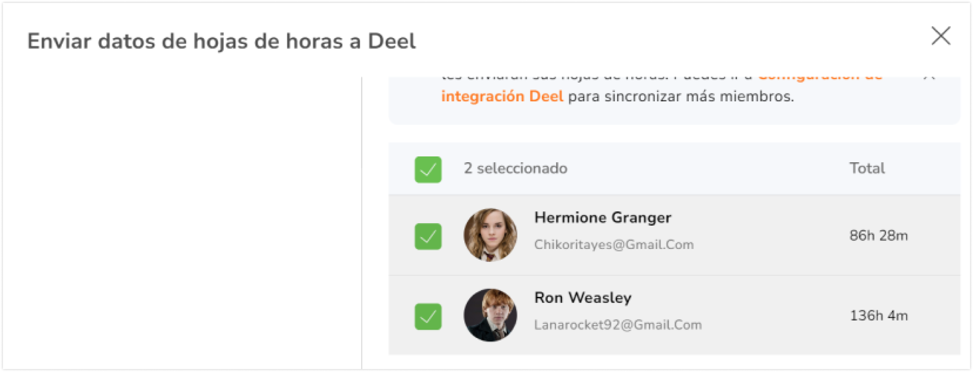 Selecciona un rango de fechas (día, semana, mes) y los respectivos miembros para los que enviar los datos de la hoja de horas.