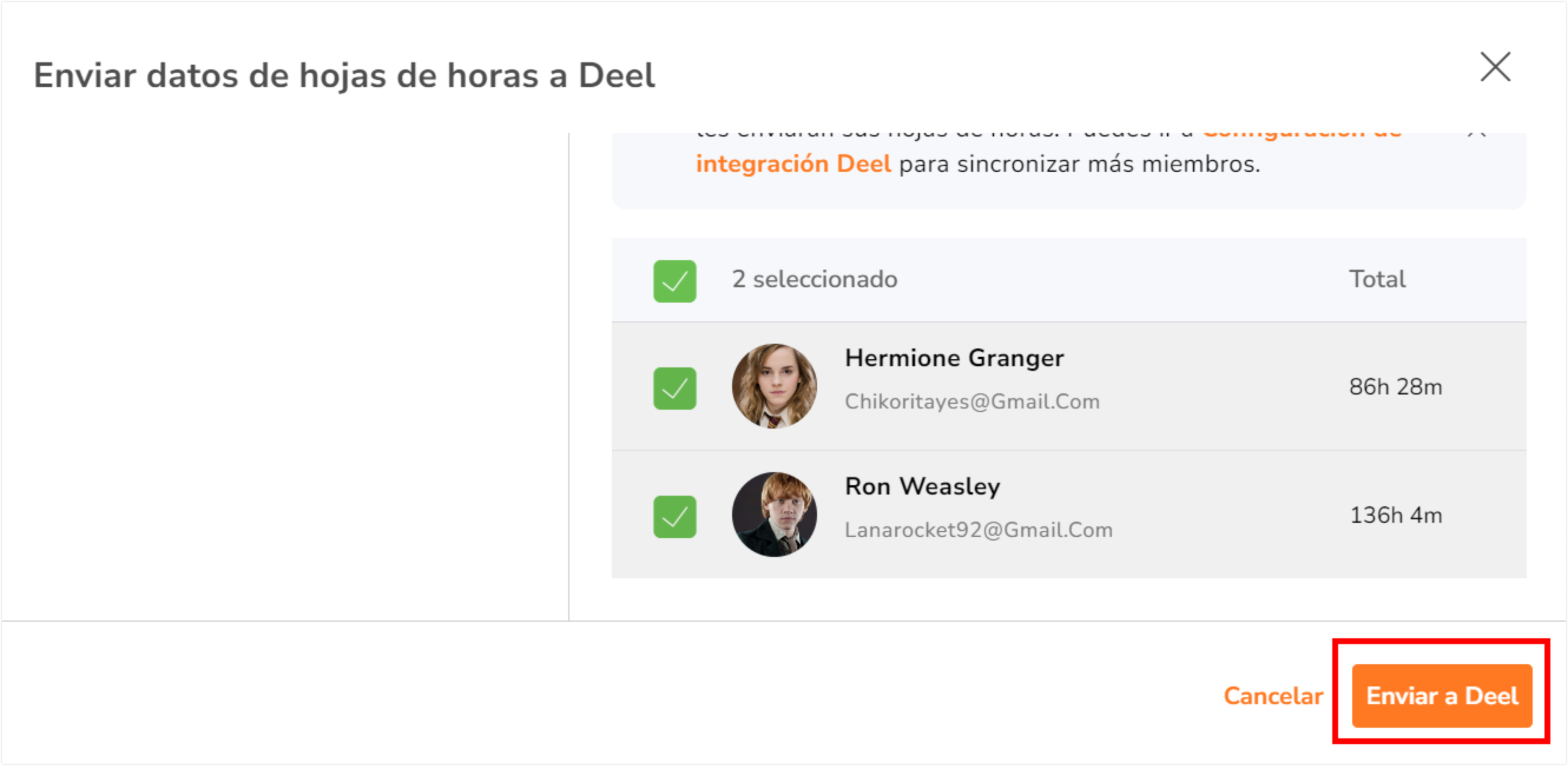 Una vez realizadas todas las selecciones, haz clic en Enviar a Deel. 