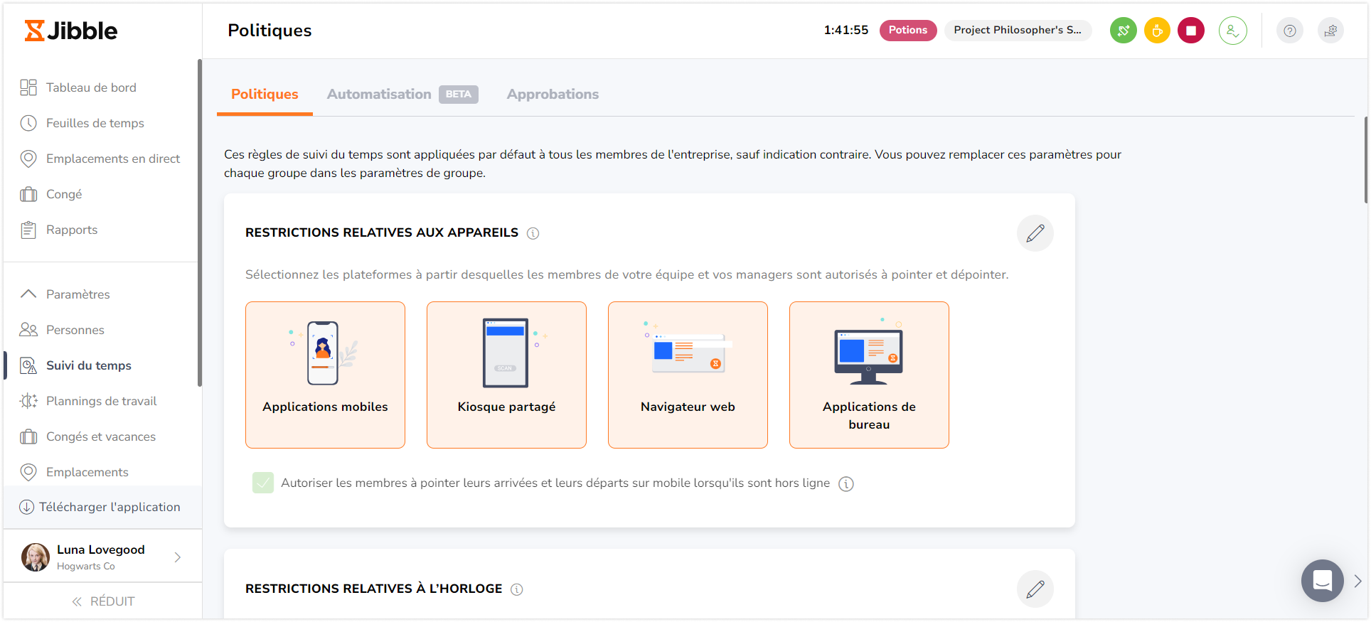 Devices for time tracking settings