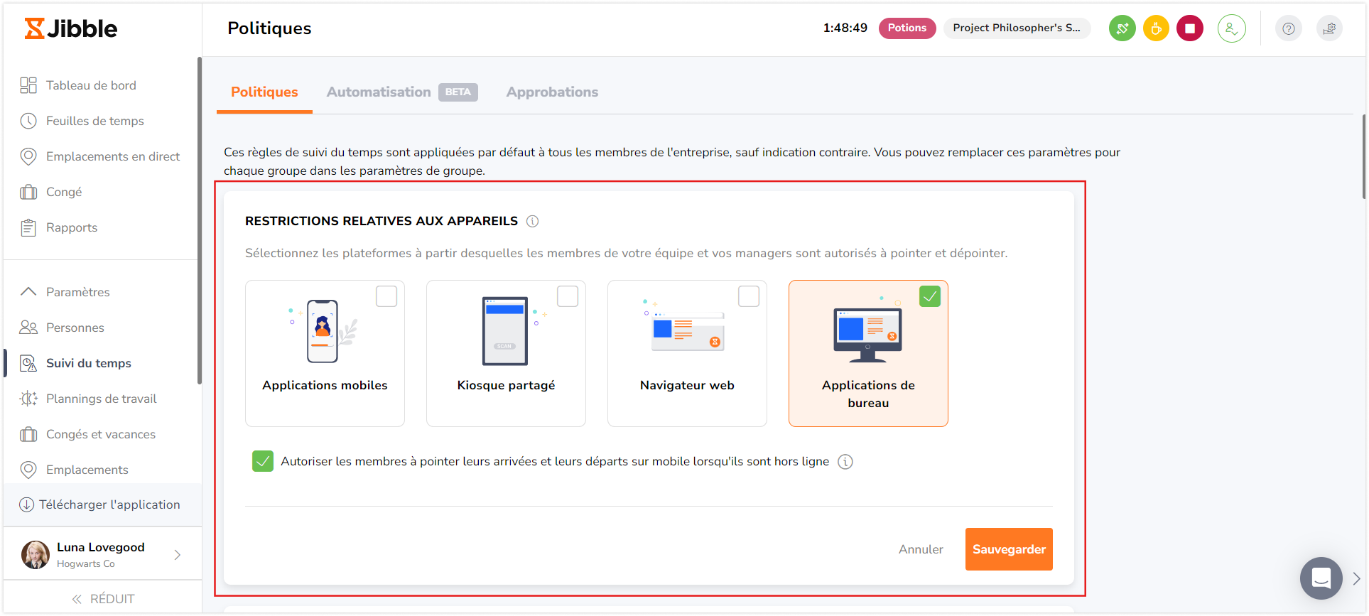 Desktop app option on time tracking settings