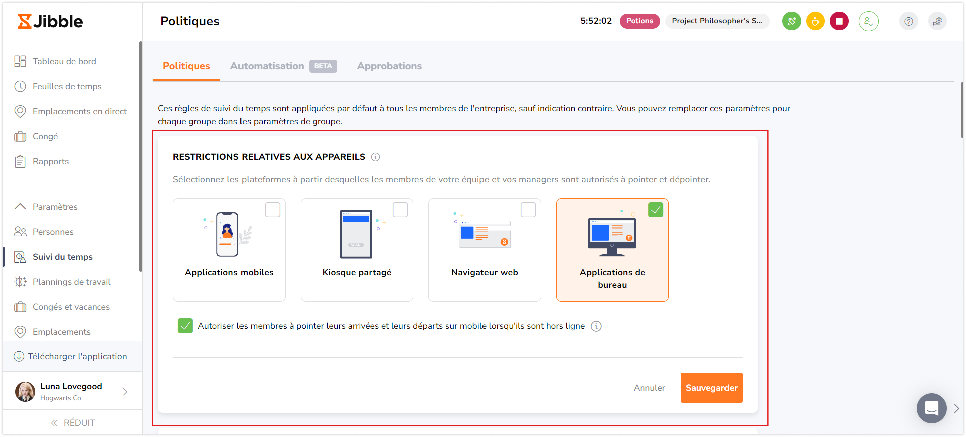 Desktop app option on time tracking settings