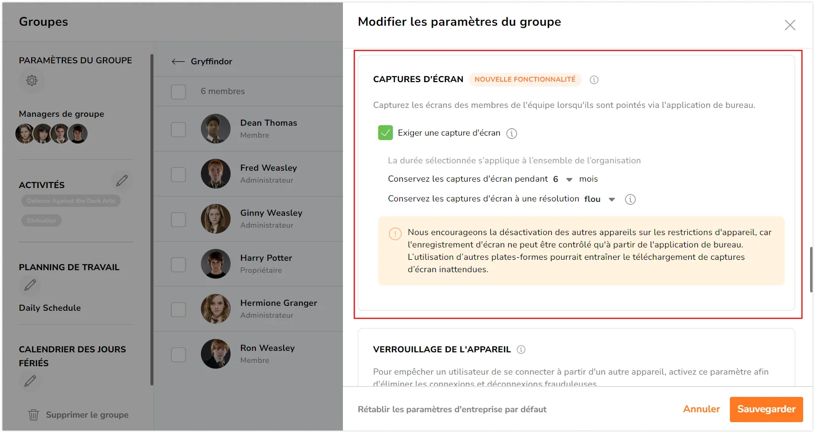 Screenshot settings under group settings