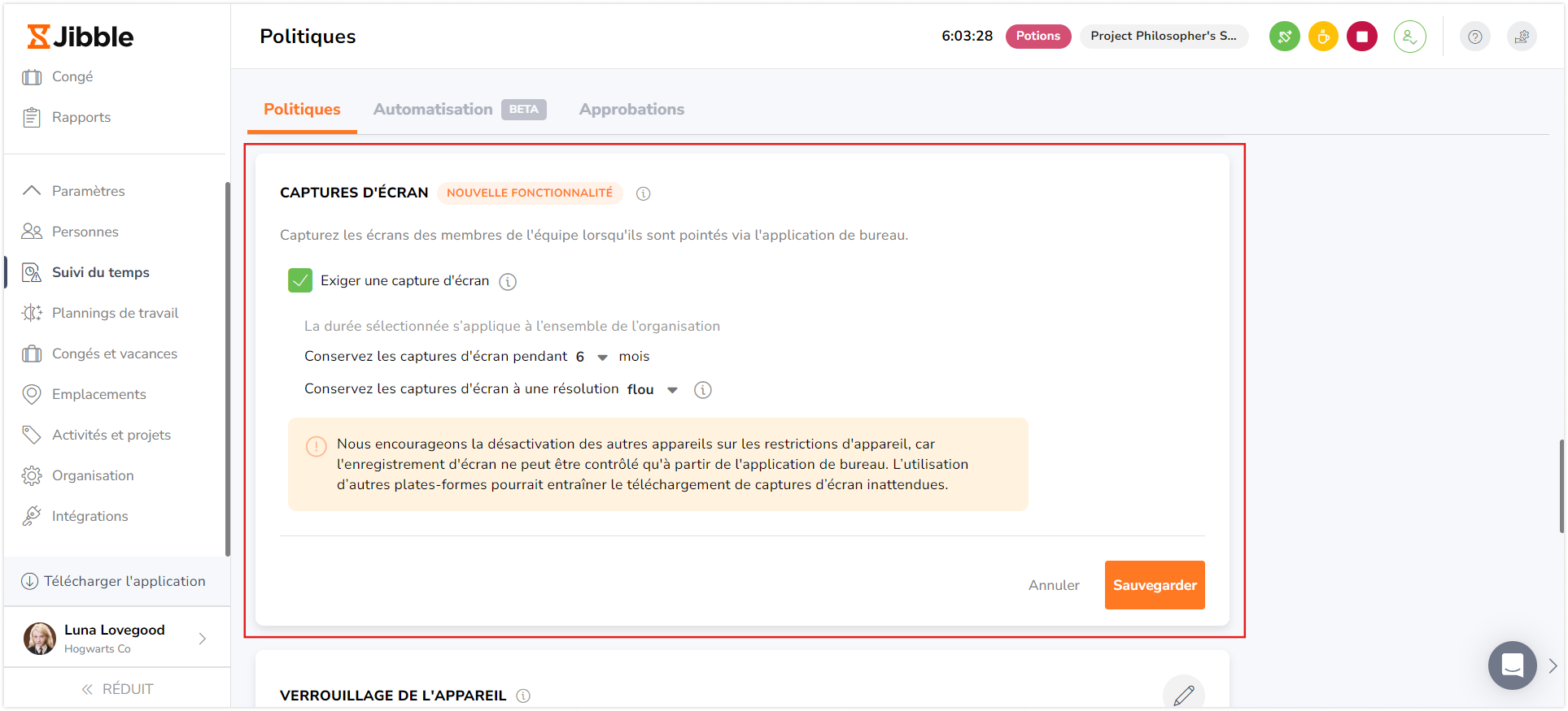 Paramètres de capture d'écran sous les paramètres de suivi du temps