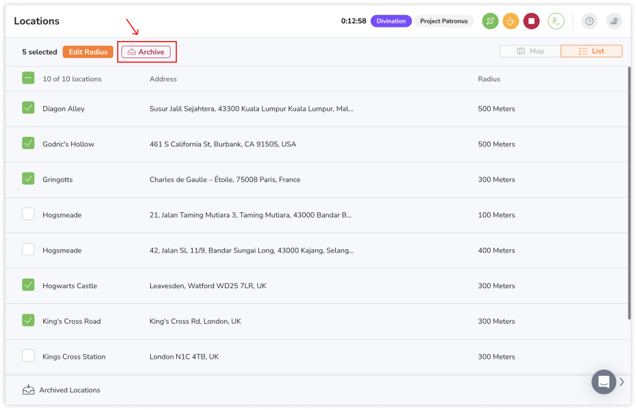 Archiving locations in bulk
