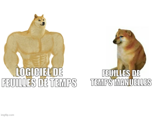 Mème du chien musclé contre le chien mignon sur les feuilles de temps.