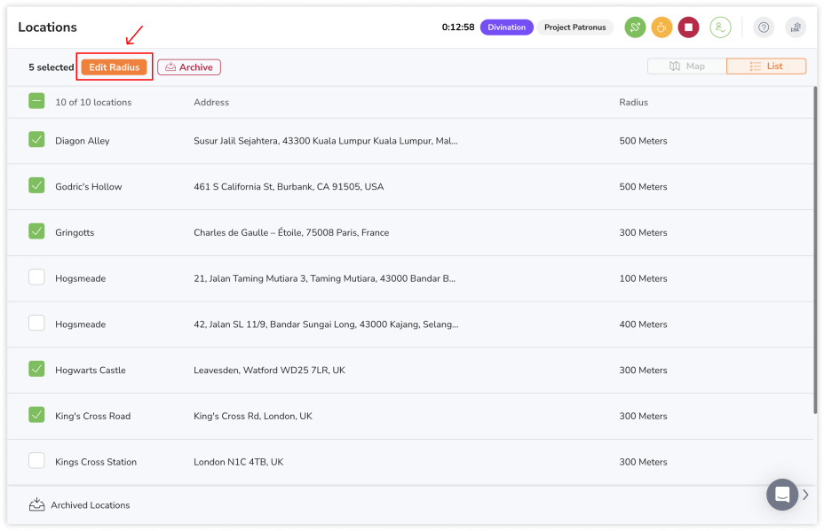 Editing location radius in bulk