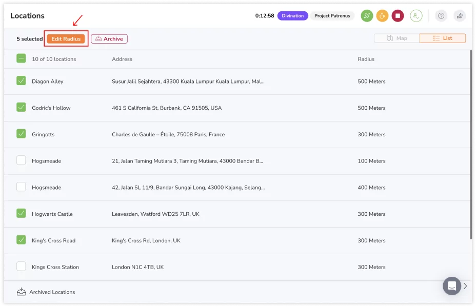 Editing location radius in bulk