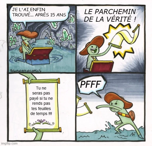 Un mème d’un personnage animé consultant le parchemin de la vérité.