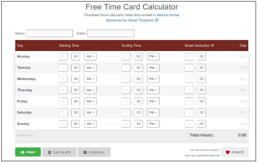 Redcort's free time card calculator
