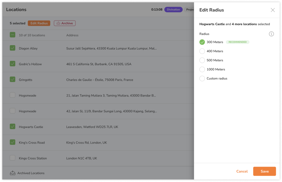 Selecting a location radius in bulk