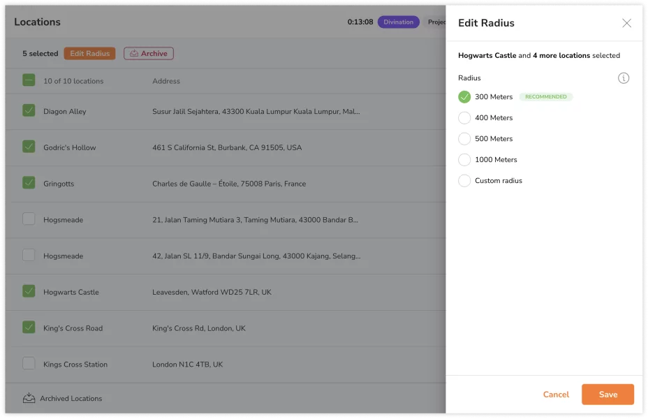 Selecting a location radius in bulk