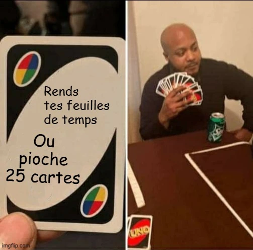 Meme d'un homme tenant plusieurs cartes UNO.