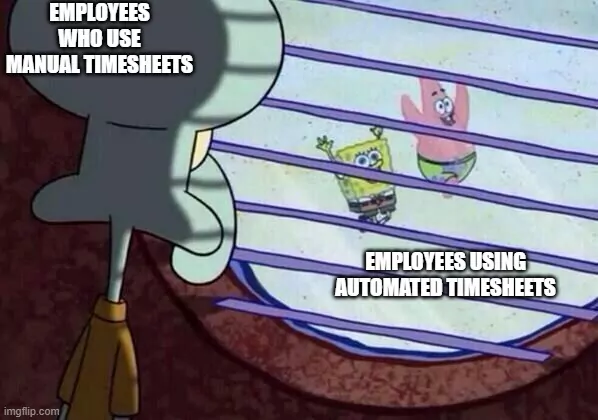 Squidward watching Spongebob and Patrick running around from a window meme.