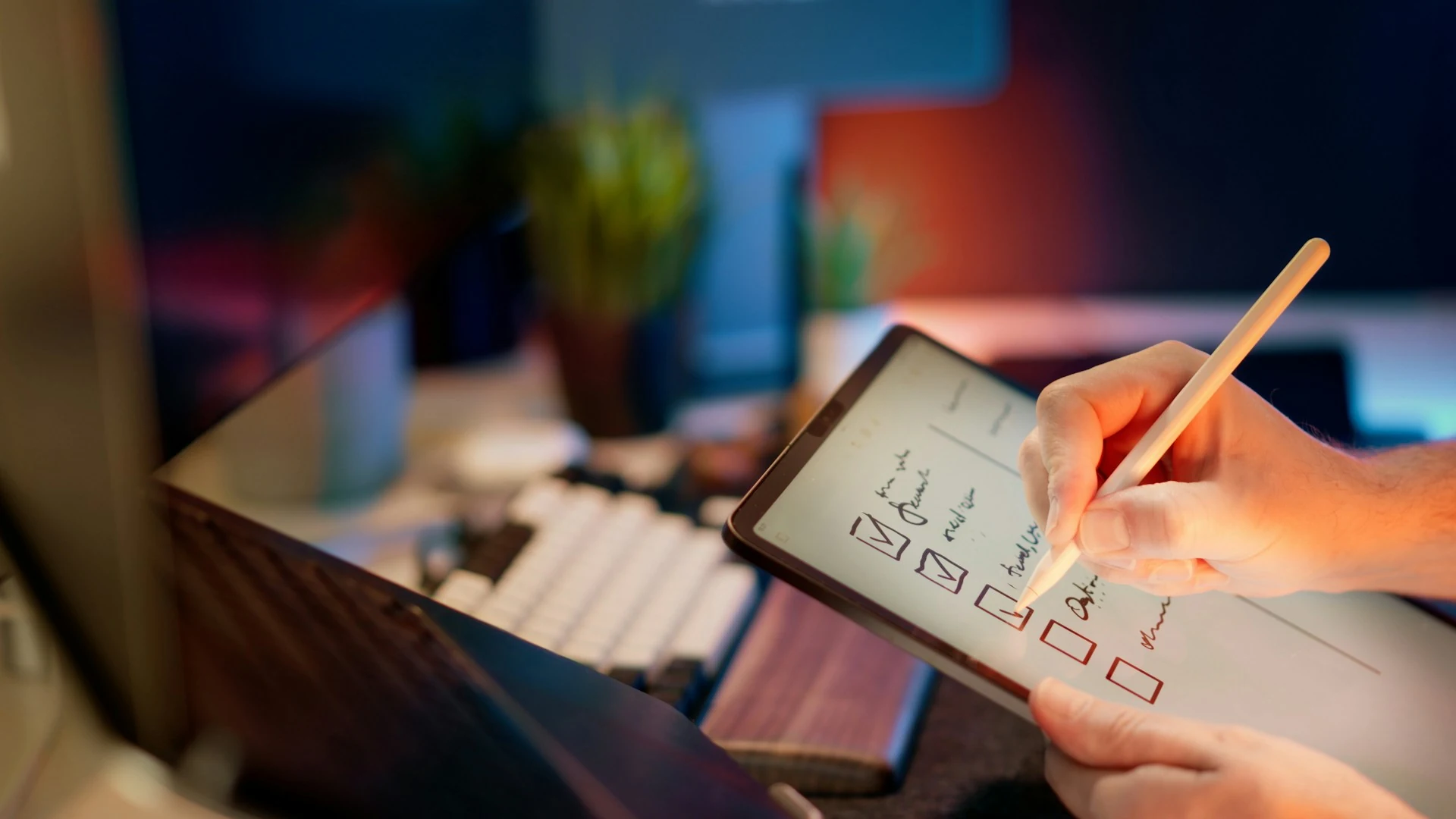 Someone writing a checklist on a tablet device