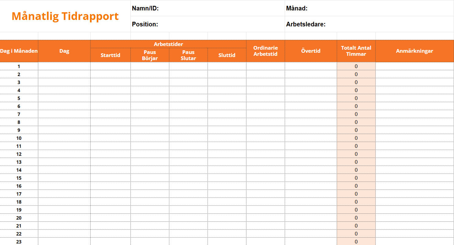 Gratis mall för månatliga tidrapporter från Jibble.