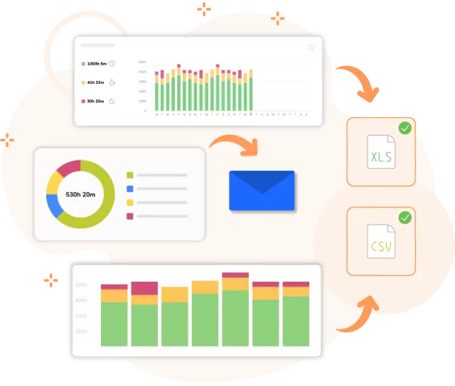 Time reports and visual charts exportable as XLS or CSV files.