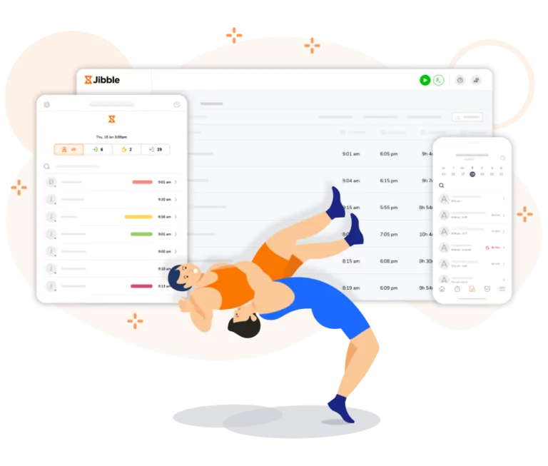 One wrestler tackling another with a graphic overview of the Jibble wrestling attendance app in the background.