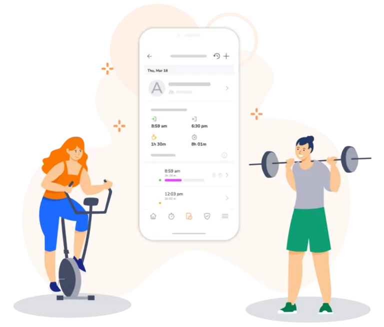 A man lifting weights and a woman using a stationary bicycle to exercise.