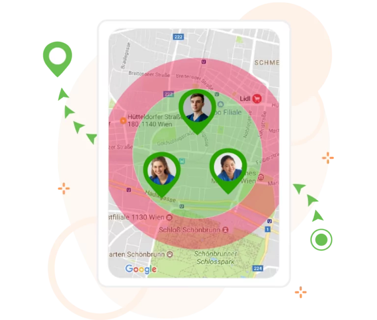 Geofences shown around patient homes via Jibble's home care time tracking app.