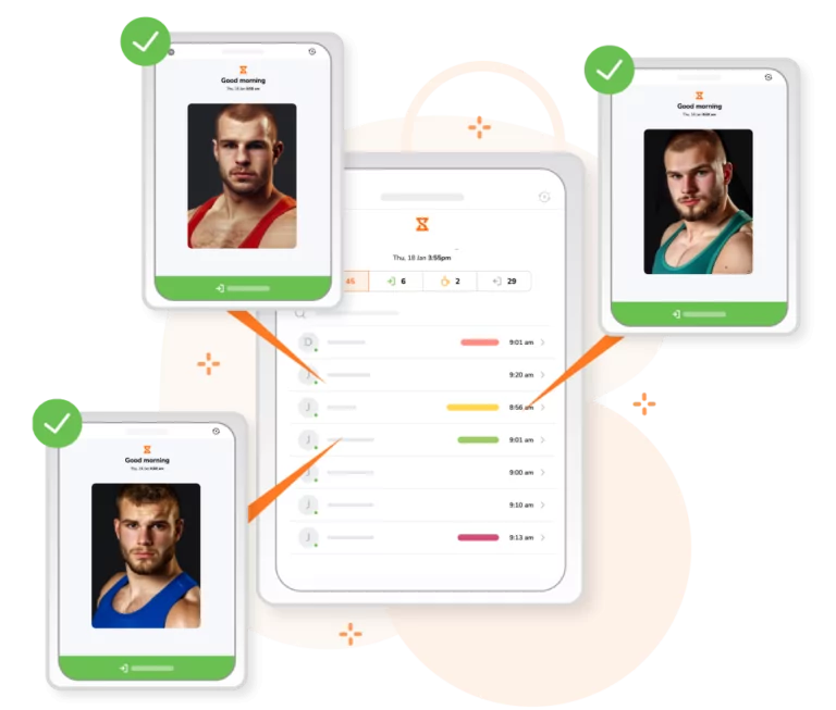Wrestlers clocking in with a quick face scan on the attendance kiosk.