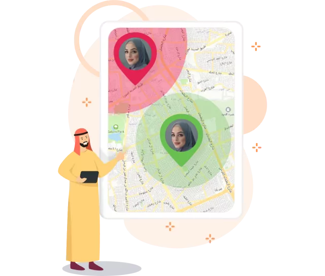 a Saudi guy in front of mockup for a veiled girl showing geofencing