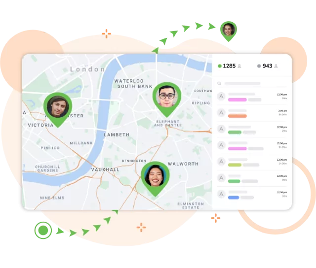 Un mapa que muestra la ubicación de los empleados a medida que fichan.