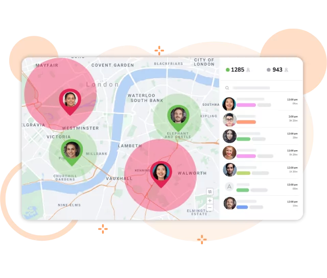 Las zonas geovalladas se muestran en un mapa junto con la ubicación de los empleados.