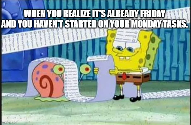 Spongebob holding an excessively long to-do list next to Gary the snail.