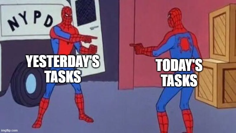 Two Spidermen pointing at each other meme.