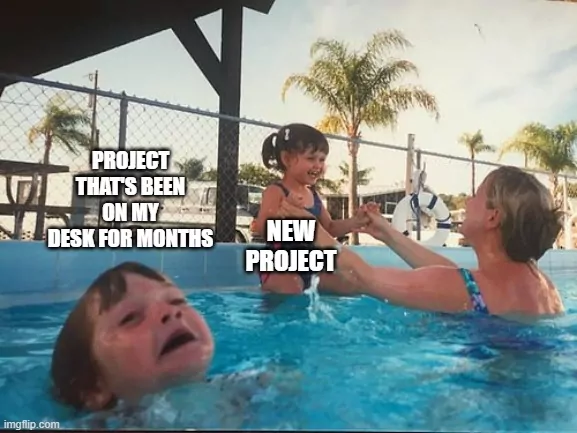Meme of a parent playing with their child on the pool while their other child is struggling in the waters.